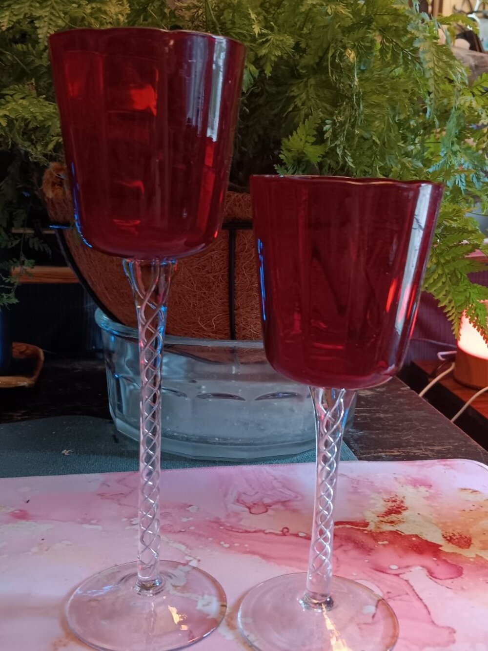 Set 2 Vintage Ruby Red Glass Votive Candle Holder Clear Base Stem Swirl Pattern!